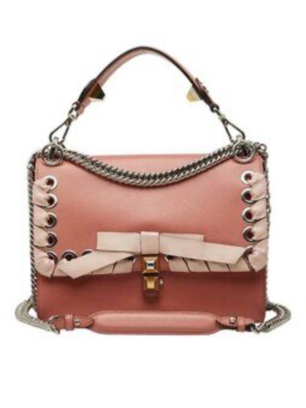 Fendi Pink Leather Shoulder Bag with Cream Bow and Silver Chain …